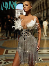Lunivop Women Summer Sexy Strapless Backless Mirror Feather Diamonds Sparkly Mini Bodycon Dress